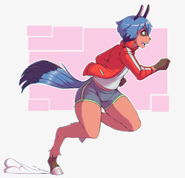 animal_legs anthro blue_hair bottomwear brown_body brown_fur clothing dipstick_limbs female fur hair hooves jacket on_one_leg open_mouth shirt short_hair shorts side_view simple_background solo standing topwear unguligrade kittenboogers brand_new_animal studio_trigger michiru_kagemori canid canine equid hybrid mammal raccoon_dog tanuki 2020 absurd_res digital_media_(artwork) hi_res