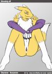 anthro blush female looking_at_viewer presenting solo text spykie bandai_namco digimon canid canine digimon_(species) mammal renamon hi_res url