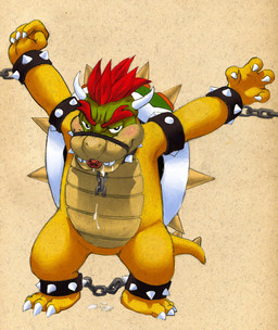 anklet anthro armband ball_gag biped blush bodily_fluids bound bracelet chain collar cum cum_on_chest cum_on_face featureless_crotch front_view frown gag gagged genital_fluids hair horn jewelry legband looking_at_viewer male muzzle_(object) muzzled overweight overweight_anthro overweight_male raised_arm red_hair semi-anthro shell simple_background solo spiked_anklet spiked_armband spiked_bracelet spiked_collar spiked_legband spiked_shell spikes spikes_(anatomy) spread_arms standing submissive submissive_male tush_(artist) mario_bros nintendo bowser koopa scalie hi_res traditional_media_(artwork)