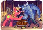 anthro barn barrel black_body black_fur black_hair blonde_hair blue_body blue_fur bodily_fluids bottle container cutie_mark duo fur green_eyes hair hay horn inside male red_body red_fur sweat adlynh european_mythology friendship_is_magic greek_mythology hasbro my_little_pony mythology big_macintosh_(mlp) iron_will_(mlp) bovid bovine earth_pony equid equine horse mammal minotaur pony 2016 absurd_res hi_res