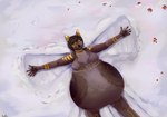 anthro arm_markings belly big_belly brown_body brown_fur brown_hair eyes_closed female female_pred front_view fur hair huge_belly lying markings mouth_closed nude on_back snow snow_angel solo whiskers yellow_inner_ear yellow_markings roobin canid mammal hi_res signature