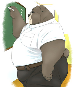 anthro belly black_nose bottomwear brown_body chalkboard classroom clothing eyewear glasses inside kemono male obese obese_male overweight overweight_male pants school shirt solo teacher topwear o_miso_n bear mammal 2022 hi_res
