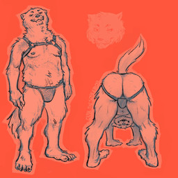 all_fours anthro butt clothed clothing harness jockstrap jockstrap_only looking_at_viewer looking_through looking_through_legs looking_through_legs_at_viewer male male_anthro nipples presenting presenting_hindquarters raised_tail red_background simple_background slightly_chubby slightly_chubby_anthro slightly_chubby_male solo standing tail teeth topless topless_anthro topless_male underwear underwear_only whisker_spots whiskers evilthesorcerer gulonine mammal mustelid musteline wolverine 1:1 2026 headshot_portrait hi_res portrait