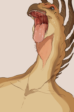 anthro bodily_fluids brown_body front_view glistening glistening_tongue grey_background male mouth_shot narrowed_eyes open_mouth red_tongue saliva saliva_on_tongue saliva_string simple_background solo tan_body tongue unsigned swampjaws milo_(imperatorcaesaur) bajadasaurus dicraeosaurid dinosaur diplodocoid prehistoric_species reptile saurischian sauropod sauropodomorph scalie bust_portrait portrait