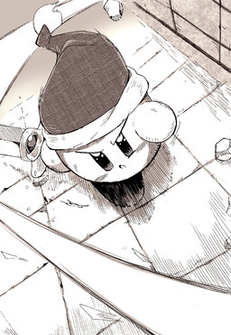 action_pose ambiguous_gender biped blush blush_stickers detailed_background determined dutch_angle fighting_pose holding_melee_weapon holding_object holding_sword holding_weapon looking_at_viewer melee_weapon not_furry pose solo sword weapon wearing_hat mu-u_(artist) kirby_(series) nintendo kirby sword_kirby waddling_head 2022 digital_drawing_(artwork) digital_media_(artwork) greyscale hatching_(art) hi_res japanese_description monochrome shaded