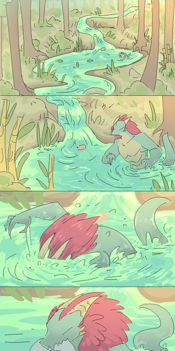 anthro bamboo bath building clothing eating feathers feral fire fishing green_body green_scales hair horn house male plant red_hair river scales smoke solo sun swimming tree water jam_(artist) aquatic feathered_lizard feathered_scalie fish lizard reptile scalie aliasing binary_drawing colored comic digital_drawing_(artwork) digital_media_(artwork) hi_res