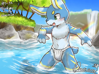 4_fingers anthro arm_tuft asian_clothing buckteeth bulge chest_tuft clothed clothing east_asian_clothing elbow_tuft fingers fundoshi fundoshi_only fur fur_markings grass japanese_clothing male markings partially_submerged plant rock scut_tail short_tail shoulder_tuft sky smile solo tail teeth topless tree tuft underwear underwear_only water waterfall white_clothing white_fundoshi white_underwear onwanwa lagomorph leporid mammal rabbit 4:3 absurd_res hi_res