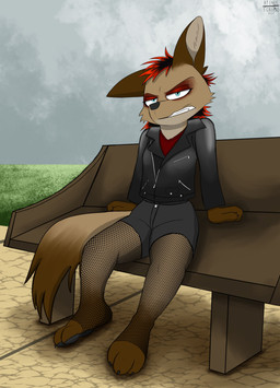 3_toes alternative_fashion annoyed anthro bench black_pawpads blue_eyes bottomwear brown_body brown_fur claws clothing countershading emo eyeshadow feet female finger_claws fishnet_clothing fishnet_legwear fishnet_stockings footwear fur grass hair highlights_(coloring) jacket leather leather_clothing leather_jacket leather_topwear legwear light looking_at_viewer makeup pawpads paws plant red_hair shorts sky socks solo tail toe_claws toeless_fishnet_stockings toeless_footwear toeless_legwear toeless_socks toeless_stockings toes topwear a9ymus skylar_(a9ymus) canid canine fox mammal 2024 absurd_res digital_media_(artwork) hi_res lighting shaded