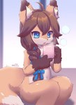 4_fingers accessory ahoge anthro beverage blue_bow blue_eyes blue_ribbon bow_(feature) bow_accessory bow_ribbon braided_hair braided_ribbon breasts brown_body brown_fur brown_hair chest_tuft claws container convenient_censorship cup dipstick_tail female female_anthro finger_claws fingers fluffy fur gloves_(marking) hair hair_accessory hair_bow hair_ribbon holding_beverage holding_container holding_cup holding_object inner_ear_fluff kemono long_hair markings multicolored_body multicolored_fur multicolored_tail navel nude open_mouth ponytail ribbon_in_braid ribbons side_ponytail sitting solo steam tail tail_markings tan_body tan_fur tongue tuft white_body white_fur racal_ra yoterisa canid canine fox mammal red_fox true_fox 2022 digital_media_(artwork) hi_res signature