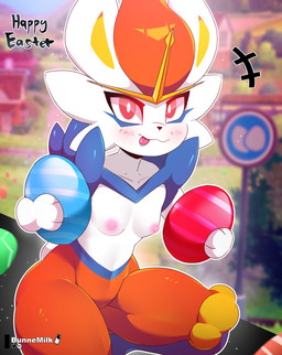 anthro areola black_nose blush blush_lines breasts cheek_tuft easter_egg eyelashes facial_tuft featureless_crotch female front_view fur holding_easter_egg holding_object holiday_message holidays looking_at_viewer nipples orange_body orange_fur pink_areola pink_nipples red_eyes small_breasts solo text thick_thighs tongue tongue_out tuft white_body white_fur wide_hips bunnemilk easter nintendo pokemon cinderace generation_8_pokemon pokemon_(species) absurd_res english_text hi_res