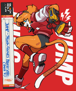 action_pose anthro band-aid band-aid_on_butt band-aid_on_face band-aid_on_leg band-aid_on_nose bandage bandage_on_face bandage_on_nose bandaged_tail blue_eyes clothing cyberpunk device dialogue dipstick_tail emanata eyewear eyewear_on_head fangs female fingerless_gloves footwear fur gloves handwear jacket knee_highs knee_socks legwear leotard letterman_jacket lightning_bolt markings open_mouth open_smile orange_body orange_fur pose red_background shoes simple_background smile sneakers socks solo sunglasses sunglasses_on_head tail tail_markings tail_wraps teeth text topwear vhs_case video_cassette visor wraps zipper blackboltlonewolf jump_(blackbolt) domestic_cat felid feline felis mammal 2025 5:6 english_text hi_res signature