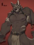 anthro areola bottomwear breechcloth bulge claws clothing grin harness heterochromia leash leash_pull looking_at_viewer male navel nipples pecs red_background simple_background smile solo tail munax_od canid canine mammal dated hi_res