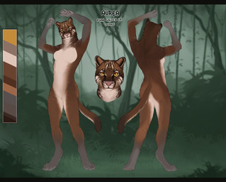 4_toes 5_fingers anthro breasts detailed_background featureless_breasts feet female fingers forest front_view fur gloves_(marking) grass jungle looking_at_viewer markings multicolored_body multicolored_fur nude pawpads plant raised_arms rear_view solo standing toes tree yellow_eyes skullsbesan aurea asian_golden_cat catopuma felid feline mammal absurd_res headshot_portrait hi_res letterbox model_sheet portrait