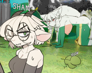 all_fours anthro armwear big_breasts big_butt bodypaint breasts butt clothing concentrating feathers female fur green_body green_eyes green_feathers grey_armwear grey_clothing grey_horn grey_shirt grey_tank_top grey_topwear group hair half-closed_eyes hiding horizontal_pupils horn huge_breasts inner_ear_fluff motion_lines narrowed_eyes nipples nude pink_inner_ear pink_nipples pupils red_eyes shirt short_horn side_view small_horn tank_top thick_thighs topwear trio tuft white_body white_fur white_hair white_inner_ear_fluff yellowparrottw meccha_chameleon lang_(yellowparrottw) shan_(yellowparrottw) avian bird bovid canid canine canis caprine goat mammal wolf 2026 hi_res