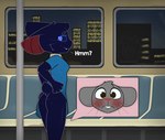 ambiguous_gender anthro blue_body blue_clothing blue_dress blue_eyes blue_fur blush breasts butt city clothed clothing clothing_lift detailed_background dialogue dress dress_lift duo female female_anthro first_person_view freckled_butt freckles fur grey_body grey_fur inside inside_train looking_at_viewer looking_back looking_back_at_viewer narrowed_eyes no_underwear red_blush short_tail smile snout tail teeth text train vehicle whiskers white_text sleepysheepy17 mike_(sleepysheepy17) zulu_(sleepysheepy17) bat domestic_cat felid feline felis hybrid mammal mouse murid murine rat rodent 2022 absurd_res adobe_photoshop_(artwork) digital_drawing_(artwork) digital_media_(artwork) hi_res shaded soft_shading