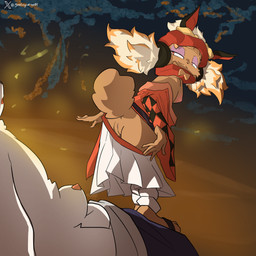anthro armor asian_clothing balls brown_body brown_fur butt clothing duo east_asian_clothing female fur genitals hair headgear helmet japanese_clothing kimono male male/female nude penis presenting presenting_hindquarters tail undressing vulva white_body white_fur godforgiveme4 towa_and_the_guardians_of_the_sacred_tree bampuku_(tatgotst) mutsumi_(tatgotst) mammal 1:1 digital_media_(artwork) hi_res