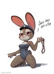 anthro breasts clothed clothing cuff_(restraint) female fur handcuffs humanoid_hands kneeling latex latex_clothing metal_cuffs paws restraints solo tail twelvenine disney zootopia judy_hopps european_rabbit lagomorph leporid mammal oryctolagus rabbit hi_res
