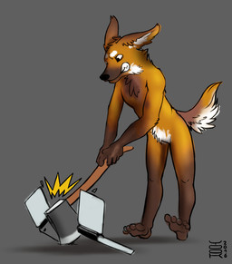 5_toes angry anthro axe biped black_nose brown_body brown_ears brown_fur brown_tail cheek_tuft chest_tuft computer electronics facial_tuft featureless_crotch feet fur gloves_(marking) grey_background head_tuft inner_ear_fluff laptop leg_markings male markings melee_weapon neck_tuft nude orange_body orange_fur orange_tail plantigrade shadow simple_background socks_(marking) solo standing tail toes tuft weapon white_body white_fur white_inner_ear_fluff white_tail yookie canid canine mammal maned_wolf 2016 dated signature