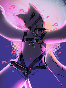 abstract_background ambiguous_anthro ambiguous_gender anthro black_collar black_dildo black_harness bodily_fluids collar dildo harness light looking_at_viewer low-angle_view male music musical_note musical_symbol open_mouth party purple_tongue saliva sex_toy solo spiked_collar spikes strapon symbol tail tongue tongue_out worm's-eye_view buteoposting unknown_species 2026 absurd_res colorful_theme english_description halftone hi_res lighting portrait three-quarter_portrait