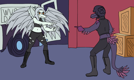 5_fingers amber_eyes anthro black_boots black_bottomwear black_clothing black_footwear black_pants bone_frill boots bottomwear claws clothing detailed_background duo elbow_feathers eyelashes feathered_tail feathered_wings feathers female finger_claws fingers footwear frill_(anatomy) gesture grey_body grey_feathers grey_hair grey_scales hair hair_bun halter_top hand_gesture long_hair long_tail midriff navel pants pointing purple_body purple_feathers purple_hair purple_scales scales shoes short_tail snout tail tail_tuft torn_bottomwear torn_clothing torn_pants tuft wings jacket_ignites third-party_edit cavemanon_studios goodbye_volcano_high ko_op_(game_developer) snoot_game spider-man_pointing_at_spider-man abby_(gvh) fang_(gvh) dinosaur dromaeosaurid feathered_dinosaur feathered_scalie prehistoric_species pterosaur reptile saurischian scalie theropod utahraptor 2025 color_edit colored meme