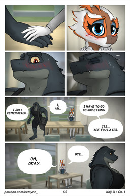 anthro barazoku blush bodily_fluids character_development dialogue female hand_touching lore male nervous school speech_bubble sweat text university kersync godzilla_(series) mothra_(series) toho godzilla goji_(kersync) maya_(kersync) mothra arthropod hybrid insect kaiju lepidopteran moth scalie 2:3 absurd_res comic english_text hi_res url