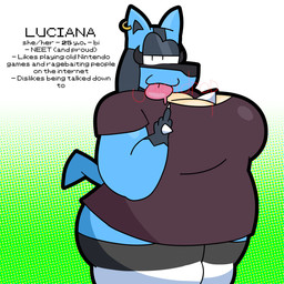 anthro big_breasts big_butt blue_body blue_tail breasts butt chest_spike clothed clothing countershading ear_piercing ear_ring eyelashes female gesture gradient_background hand_gesture hand_spike huge_breasts huge_butt legwear looking_at_viewer middle_finger narrowed_eyes obese obese_female overweight overweight_female pattern_clothing pattern_legwear pattern_thigh_highs piercing pronouns purple_clothing purple_shirt purple_topwear ring_piercing shirt simple_background solo spikes spikes_(anatomy) striped_clothing striped_legwear striped_thigh_highs stripes tail text thick_thighs thigh_highs tongue tongue_out topwear juiciidrop nintendo pokemon luciana_(juiciidrop) generation_4_pokemon lucario pokemon_(species) 1:1 absurd_res english_text hi_res