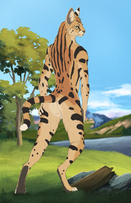 anthro arm_markings back_markings biped black_body black_countershading black_markings black_stripes black_tail blue_sky brown_body brown_fur brown_tail butt butt_markings cloud countershade_arms countershade_butt countershade_feet countershade_fur countershade_hands countershade_legs countershade_neck countershade_tail countershade_torso countershading day digitigrade dipstick_tail ear_markings facial_markings feet fingers fur fur_markings grass green_eyes grey_inner_ear grey_nose head_markings hill hindpaw hip_markings humanoid_hands inner_ear_fluff iris lake leg_markings looking_at_viewer looking_back looking_back_at_viewer male male_anthro markings mouth_closed multicolored_body multicolored_fur multicolored_tail neck_markings nude nude_anthro nude_male outside paws plant presenting presenting_hindquarters pupils rear_view reverse_countershading ring_(marking) ringed_tail rock shoulder_markings sky slim slim_anthro slim_male slit_pupils solo spread_butt spreading standing striped_markings striped_tail stripes tail tail_markings tan_body tan_countershading tan_fur tan_inner_ear_fluff tan_markings tan_stripes tan_tail toeless_(marking) tree tuft whiskers white_markings white_sclera white_tail_tip white_toes white_whiskers skullsbesan kalshan_(purrma) felid feline mammal serval 2025 absurd_res full-length_portrait hi_res portrait andromorph_(lore) intersex_(lore)