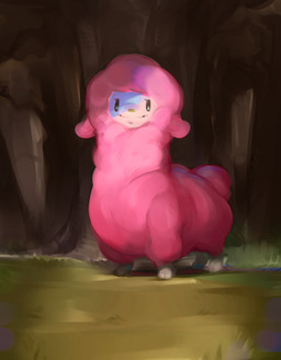 ambiguous_feral ambiguous_gender closed_smile detailed_background eyelashes feet feral fur intimidation looking_at_viewer mouth_closed multicolored_body nightmare_fuel outside pink_body pink_fur quadruped smile smiling_at_viewer solo standing stare where_is_your_god_now white_body wool_(fur) yellow_nose ligma_(artist) sanrio organ-chan bovid caprine mammal sheep 2026 absurd_res digital_media_(artwork) full-length_portrait hi_res portrait shaded