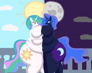 anthro breasts butt cloud cutie_mark day female horn moon night obese obese_anthro obese_female overweight overweight_anthro overweight_female solo sun pilot129 friendship_is_magic hasbro my_little_pony mythology princess_celestia_(mlp) princess_luna_(mlp) equid equine mammal mythological_creature mythological_equine unicorn