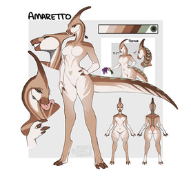 anthro bedroom_eyes biped bodily_fluids breasts brown_body brown_skin countershade_torso countershading digitigrade eyelashes featureless_breasts female flower gesture green_eyes heart_(marking) lavender_(flower) long_tail long_tongue markings medium_breasts narrowed_eyes non-mammal_breasts plant saliva saliva_on_tongue seductive solo suggestive suggestive_gesture tail thick_tail tongue tongue_out wide_hips sweetburn amaretto_(sweetburn) dinosaur hadrosaurid ornithischian ornithopod parasaurolophus prehistoric_species reptile scalie 2025 hi_res model_sheet
