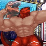 1:1 big_muscles cryingfatcat fatal_fury garou:_mark_of_the_wolves hi_res king_of_dinosaurs king_of_fighters looking_at_viewer male muscular nipples scalie solo tizoc