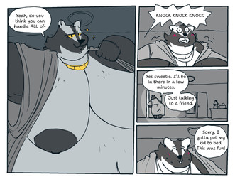 anthro bedroom belly big_belly big_breasts black_body black_fur black_nose blush bodily_fluids breasts clothing dialogue eyelashes eyes_closed female fur grey_body grey_fur huge_breasts interrupted jewelry knocking looking_at_viewer mature_anthro mature_female navel necklace nipples obese obese_anthro obese_female overweight overweight_anthro overweight_female robe sharp_teeth speech_bubble sweat sweatdrop teeth text proxidog badger mammal mustelid musteline 2025 comic english_text hi_res