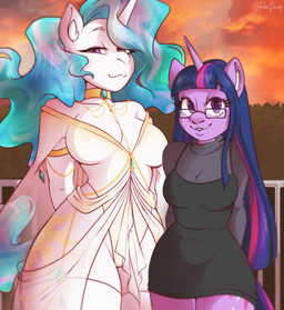 anthro bangs biped black_clothing black_dress breasts chain cleavage clothed clothing cloud collar dominant dominant_anthro dress duo eyebrow_through_hair eyebrows eyelashes eyewear female fur glasses gold_(metal) gold_chain hair horn inner_ear_fluff long_hair looking_at_viewer multicolored_hair outside plant purple_body purple_eyes purple_fur rectangular_glasses shrub standing submissive submissive_anthro submissive_female sunset tail translucent translucent_hair tuft white_body white_fur white_inner_ear_fluff spider_bones friendship_is_magic hasbro my_little_pony mythology princess_celestia_(mlp) twilight_sparkle_(mlp) equid equine mammal mythological_creature mythological_equine unicorn 2025 digital_media_(artwork) hi_res shaded