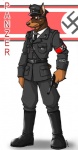 anthro belt biped boots brown_body brown_fur brown_nose clothed clothing cross eyewear flag footwear fully_clothed fur german goggles gun handgun hat headgear headwear iron_cross male mauser_c96 military nazi nazi_flag pistol pointy_ears prick_ears ranged_weapon shoes simple_background solo standing swastika text uniform weapon jax_the_bat panzer_(jax) canid canine canis dobermann domestic_dog mammal pinscher 2004 german_text translated