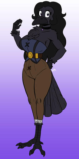 5_fingers anthro beak black_beak black_body black_feathers black_fur black_hair black_tail_feathers bottomwear brown_bottomwear brown_clothing brown_pants chest_tuft choker clothed clothed_anthro clothed_female clothing eyelashes feathers feet female fingers fully_clothed fully_clothed_anthro fully_clothed_female fur hair jewelry leg_wrap leg_wraps necklace pants purple_eyes smile solo tail tail_feathers talons toes tuft wrappings wraps harry_amorós ingrid_the_plague_doctor ingrid_(harry_amoros) avian bird absurd_res full-length_portrait hi_res portrait reference_image