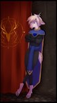 2_horns anthro antlers biped black_border black_clothing blue_cape blue_clothing border cape clothed clothing cloven_hooves crossed_arms eyebrows hair hooves horn leaning leaning_backward leaning_on_wall looking_at_viewer male scut_tail short_hair short_tail solo standing tail unguligrade white_body white_hair rukifox deer mammal 2024 9:16 hi_res