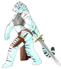 anthro armor biceps bottomwear cankles clothed clothing dagger female holding_melee_weapon holding_object holding_sword holding_weapon kemono loincloth melee_weapon muscular muscular_anthro muscular_female skimpy solo stripes sword tail thick_calves weapon kazuhiro alan_dean_foster spellsinger roseroar felid mammal pantherine tiger 2007 digital_media_(artwork) japanese_description oekaki