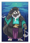 anthro biped border clothing footwear hat headgear headwear humanoid_hands kemono moon night outside sandals shoes slightly_chubby solo white_border hysk canid canine mammal raccoon_dog tanuki 2023 absurd_res hi_res