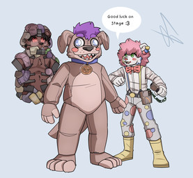 bound clothing clown costume duo encasement feet foot_fetish green_eyes hair hypnosis male male/male mind_control piercing pink_hair rain_boots sharp_teeth sock_fetish speech_bubble teeth text arch3y five_nights_at_freddy's scottgames snoof_the_clown bear mammal mustelid otter polar_bear springlock_suit ursine absurd_res hi_res