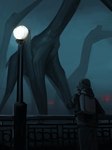 ambiguous_gender backpack beak clothed clothing fence feral fog gesture group head_crest hoodie night solo street_lamp topwear vehicle walking waving winged_arms wings kiracuriee azhdarchid ghost human mammal prehistoric_species pterosaur quetzalcoatlus reptile scalie spirit 3:4 hi_res