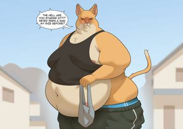 angry anthro belly big_belly big_butt bottomwear butt clothing dialogue drawer huge_belly huge_butt male moobs obese overweight pants solo tail text buxim felid feline mammal absurd_res english_text hi_res