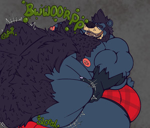 anthro beard belly belly_hair big_belly blue_body blue_fur body_hair burping chest_hair clothing facial_hair fur huge_belly male male_pred musclegut muscular muscular_arms muscular_male nipple_piercing nipples open_mouth piercing rumbling_stomach same_size_vore struggling struggling_prey underwear vore just_jeffjeff bear mammal hi_res