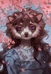 anthro blue_clothing blue_topwear brown_hair brown_markings cheek_tuft cherry_blossom clothed clothing eyelashes facial_markings facial_tuft female flower front_view fur glistening glistening_eyes hair head_markings long_hair looking_at_viewer markings plant prunus_(flower) purple_eyes solo text topwear tuft white_body white_fur marie_merkh mammal procyonid raccoon artist_name bust_portrait hi_res portrait