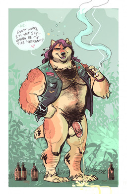 3_toes 5_fingers alcohol anthro arm_tuft armband balls barazoku beard beverage biceps biker_jacket biped bodily_fluids body_hair border bottomless brown_body brown_fur chest_hair cigar claws clothed clothing dark_hair detailed_background dialogue drunk facial_hair feathers feet fingers flower fur genital_fluids genitals gold_(metal) gold_jewelry hair hairy humanoid_genitalia humanoid_penis jewelry looking_at_viewer male male_peeing manly musclegut muscular muscular_anthro muscular_male necklace nipples open_mouth partially_clothed peeing penis plant precum pubes ring shoulder_hair sideburns smoke smoking solo speech_bubble standing substance_intoxication tan_body tan_fur text toes topwear tuft urine watersports white_border dramamine mythology canid canine canis mammal mythological_canine mythological_creature werecanid werecanine werecreature werewolf wolf 2021 digital_media_(artwork) english_text full-length_portrait hi_res portrait