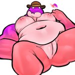 animal_genitalia anthro belly big_belly bowler_hat candy clothing dessert food genital_slit genitals gummy_(food) hat headgear headwear lying male moobs musclegut muscular muscular_anthro muscular_male navel nipples non-mammal_nipples on_back overweight overweight_male simple_background solo thick_thighs weirdocoon glitch_productions the_amazing_digital_circus max_(tadc) crocodile crocodilian food_creature gummy_creature living_candy reptile scalie 1:1 hi_res