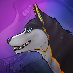 ambiguous_feral ambiguous_gender black_body black_fur black_nose cheek_tuft facial_tuft fangs feral fur glistening glistening_eyes looking_at_viewer markings narrowed_eyes open_mouth side_view solo teeth tuft white_body white_fur yellow_markings sketchy_shelby canid canine mammal 1:1 hi_res