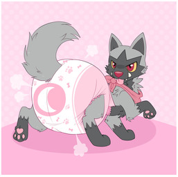 ambiguous_gender big_diaper border clothed clothing diaper dotted_background fangs feral fur grey_body grey_fur huge_diaper kerchief looking_at_viewer looking_back multicolored_eyes pattern_background pawpads pink_background pink_diaper pink_kerchief pink_pawpads raised_leg raised_tail red_eyes red_nose simple_background solo tail teeth tongue tongue_out wearing_diaper white_border yellow_eyes jupiters nintendo pokemon generation_3_pokemon pokemon_(species) poochyena 2025 absurd_res hi_res