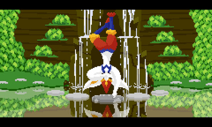 3_fingers 3_toes ambiguous_gender anthro black_bars eyes_closed feet fingers outside plant reflection rock shadow shrub solo toes upside_down water waterfall loose_noose nintendo pokemon cinderace generation_8_pokemon lagomorph mammal pokemon_(species) 5:3 letterbox