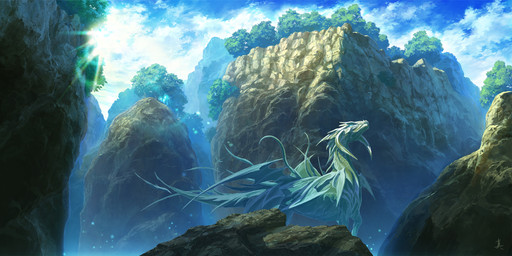 ambiguous_gender blue_eyes cliff cloud detailed_background feral flying glowing grass landscape nature outside plant rock scenery scenery_porn sky solo sun tail tree wood mstk mythology dragon mythological_creature mythological_scalie scalie