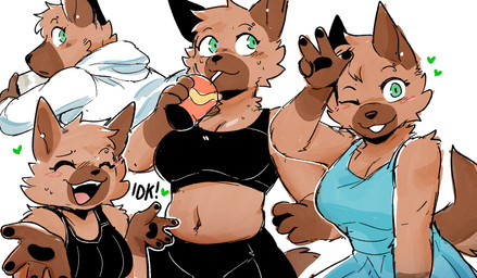 4_fingers anthro black_bra black_clothing black_pawpads black_sports_bra black_text black_topwear black_underwear blue_clothing blue_dress bodily_fluids bra breasts brown_body brown_ears brown_fur brown_tail cleavage clothed clothed_anthro clothed_female clothing container cup dress drinking_straw eyebrow_piercing eyes_closed facial_markings facial_piercing facial_tuft female female_anthro fingers front_view fur gesture gloves_(marking) green_eyes head_markings heart_symbol holding_container holding_cup holding_object hoodie looking_at_viewer looking_back markings midriff muzzle_(marking) navel one_eye_closed open_mouth open_smile pawpads piercing shrug simple_background smile solo sports_bra sweat tail text thin_eyebrows topwear tuft underwear white_background white_clothing white_hoodie white_sclera white_topwear conditional_dnp sonokido ventura_city_drifters rose_naire canid canine canis domestic_dog german_shepherd herding_dog mammal pastoral_dog 2024 digital_media_(artwork) english_description hi_res